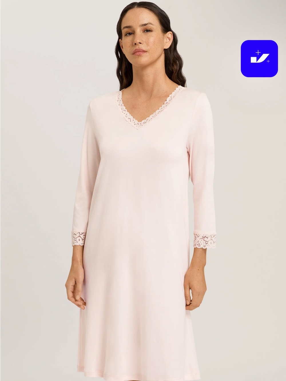 Hanro of Switzerland Moments Lace Nightgown 3/4 Sleeve in Crystal Pink Cotton M